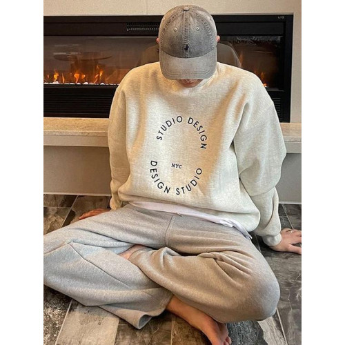 美式復古重磅無帽白灰色圓領衛衣男秋冬潮流潮牌Ins韓版上衣外套 美式復古重磅無帽白灰色圓領衛衣男秋冬潮流潮牌Ins韓版上衣外套