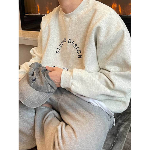 美式復古重磅無帽白灰色圓領衛衣男秋冬潮流潮牌Ins韓版上衣外套 美式復古重磅無帽白灰色圓領衛衣男秋冬潮流潮牌Ins韓版上衣外套