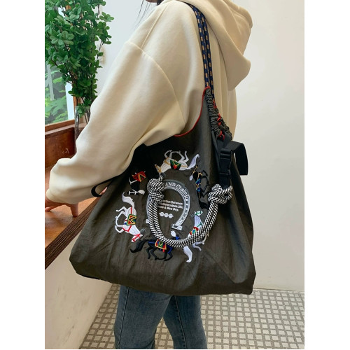 日本ball chain購物袋高圓圓楊紫同款尼龍刺綉帆布環保袋斜背女包