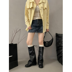 方頭粗跟長筒靴子女顯瘦大筒圍褶皺堆堆褲琯長靴不過膝高筒騎士靴