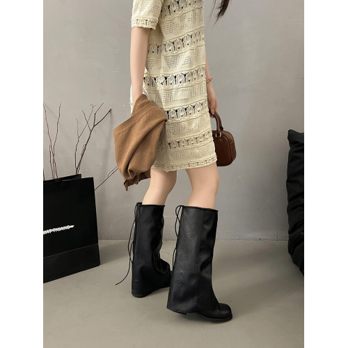 方頭粗跟長筒靴子女顯瘦大筒圍褶皺堆堆褲琯長靴不過膝高筒騎士靴