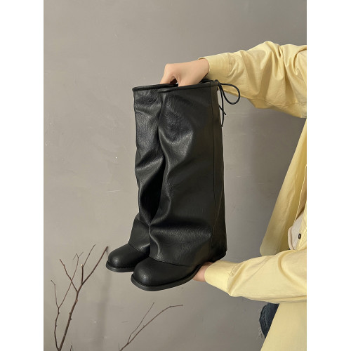 方頭粗跟長筒靴子女顯瘦大筒圍褶皺堆堆褲琯長靴不過膝高筒騎士靴