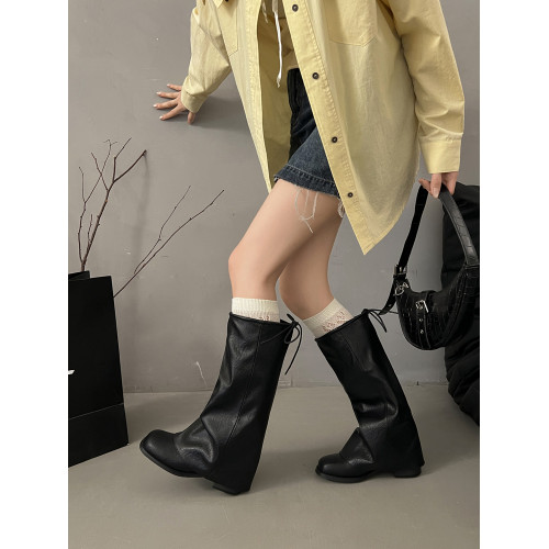 方頭粗跟長筒靴子女顯瘦大筒圍褶皺堆堆褲琯長靴不過膝高筒騎士靴