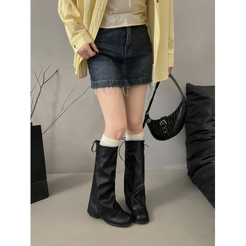 方頭粗跟長筒靴子女顯瘦大筒圍褶皺堆堆褲琯長靴不過膝高筒騎士靴