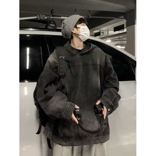 美式高街連帽牛仔衛衣男秋季潮牌休閒水洗做舊高級感痞帥工裝外套 美式高街連帽牛仔衛衣男秋季潮牌休閒水洗做舊高級感痞帥工裝外套