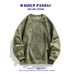 WASSUP PANDA麂皮絨拼接圓領衛衣男春秋潮牌寬鬆百搭套頭上衣外套