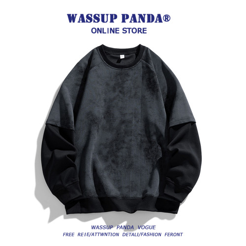WASSUP PANDA麂皮絨拼接圓領衛衣男春秋潮牌寬鬆百搭套頭上衣外套 WASSUP PANDA麂皮絨拼接圓領衛衣男春秋潮牌寬鬆百搭套頭上衣外套