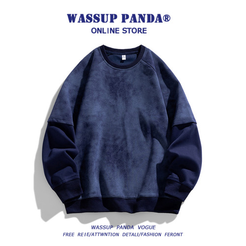WASSUP PANDA麂皮絨拼接圓領衛衣男春秋潮牌寬鬆百搭套頭上衣外套 WASSUP PANDA麂皮絨拼接圓領衛衣男春秋潮牌寬鬆百搭套頭上衣外套
