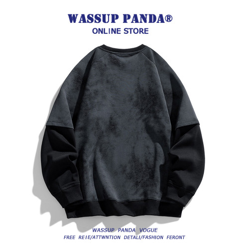 WASSUP PANDA麂皮絨拼接圓領衛衣男春秋潮牌寬鬆百搭套頭上衣外套 WASSUP PANDA麂皮絨拼接圓領衛衣男春秋潮牌寬鬆百搭套頭上衣外套