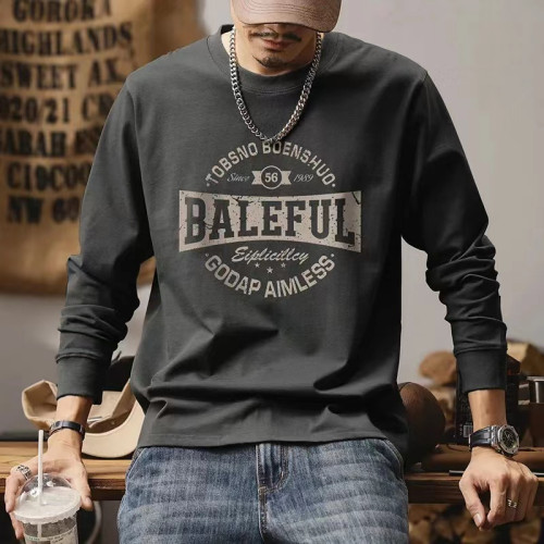 重磅純棉長袖t恤男2023秋冬季新款印花套頭衫美式休閒情侶打底衫