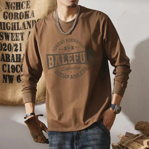 重磅純棉長袖t恤男2023秋冬季新款印花套頭衫美式休閒情侶打底衫