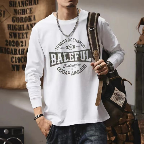 重磅純棉長袖t恤男2023秋冬季新款印花套頭衫美式休閒情侶打底衫