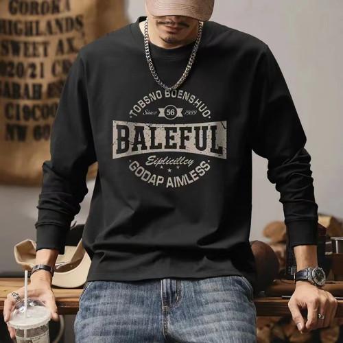 重磅純棉長袖t恤男2023秋冬季新款印花套頭衫美式休閒情侶打底衫