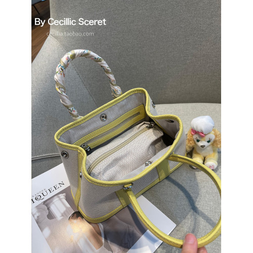 2026新款帆布拼頭層牛皮大容量花園包女真皮手提包黃色單肩斜後後背包