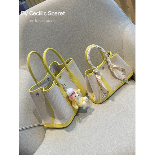 2026新款帆布拼頭層牛皮大容量花園包女真皮手提包黃色單肩斜後後背包