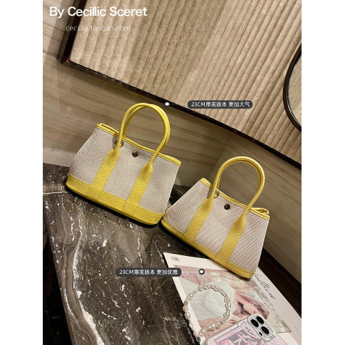 2026新款帆布拼頭層牛皮大容量花園包女真皮手提包黃色單肩斜後後背包