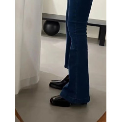 法式方頭粗跟小短靴女黑色真皮高跟鞋後拉鍊馬丁靴漆皮瘦瘦靴子冬