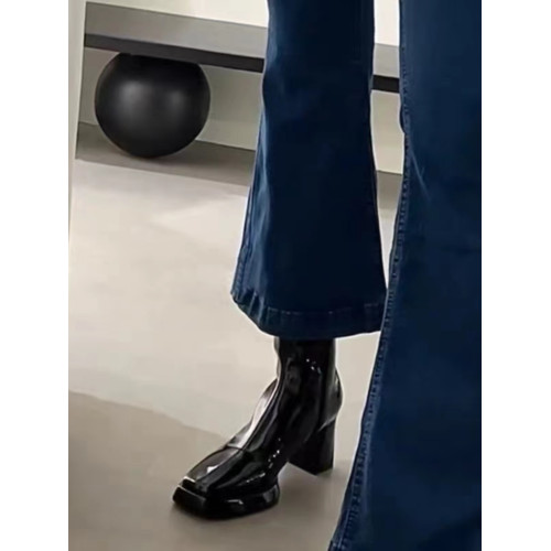 法式方頭粗跟小短靴女黑色真皮高跟鞋後拉鍊馬丁靴漆皮瘦瘦靴子冬