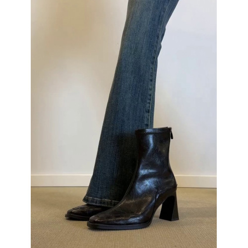 羊皮版~真皮方頭法式短靴女高跟2025新款粗跟馬丁靴彈力瘦瘦靴子