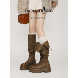 褶皺堆堆靴棕色胖mm大筒圍長筒靴女粗腿厚底騎士靴大碼長靴41到43