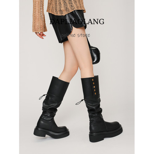 褶皺堆堆靴棕色胖mm大筒圍長筒靴女粗腿厚底騎士靴大碼長靴41到43