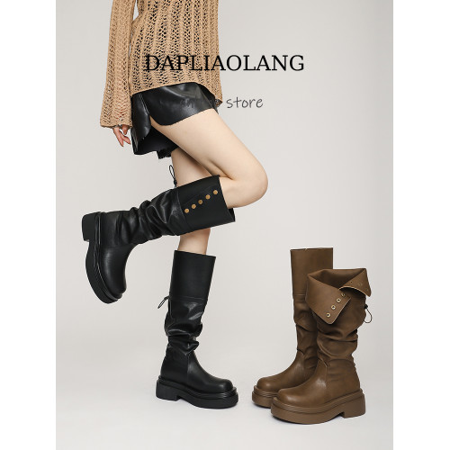 褶皺堆堆靴棕色胖mm大筒圍長筒靴女粗腿厚底騎士靴大碼長靴41到43