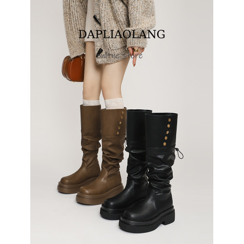 褶皺堆堆靴棕色胖mm大筒圍長筒靴女粗腿厚底騎士靴大碼長靴41到43