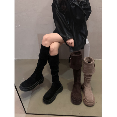 賈不假靴子女長筒靴2025新款女鞋秋冬季過膝靴棕色胖mm粗腿瘦瘦靴