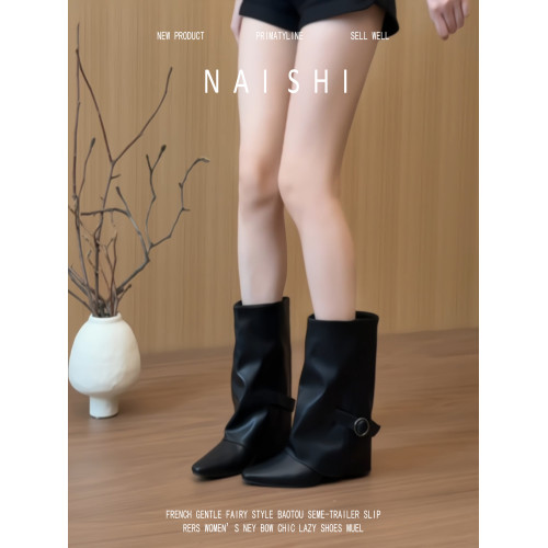 羊皮版！法式黑色中筒靴坡跟尖頭騎士靴皮帶釦褲琯靴直筒機車靴