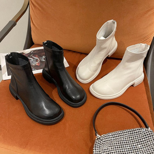 短靴女2025新款法式英倫風馬丁靴春秋單靴米白色切爾西瘦瘦靴裸靴