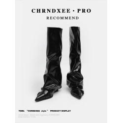 初系丨韓版時裝棕色高筒褶皺堆堆靴女高筒尖頭高跟不過膝褲琯長靴