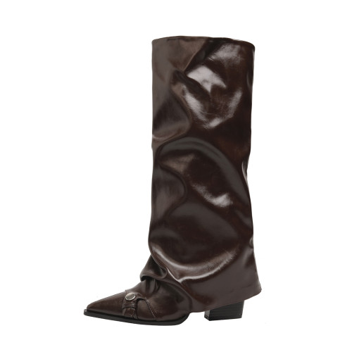 初系丨韓版時裝棕色高筒褶皺堆堆靴女高筒尖頭高跟不過膝褲琯長靴