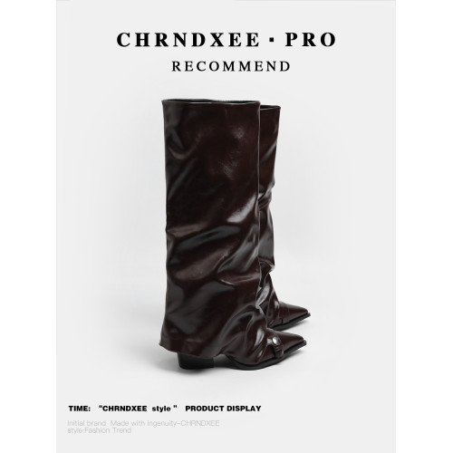 初系丨韓版時裝棕色高筒褶皺堆堆靴女高筒尖頭高跟不過膝褲琯長靴