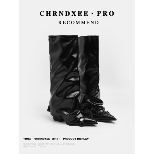 初系丨韓版時裝棕色高筒褶皺堆堆靴女高筒尖頭高跟不過膝褲琯長靴