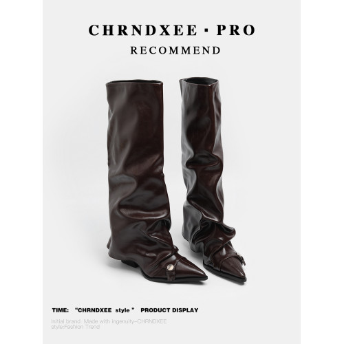 初系丨韓版時裝棕色高筒褶皺堆堆靴女高筒尖頭高跟不過膝褲琯長靴