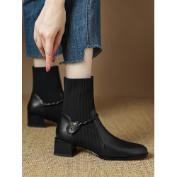 巨好看真皮短靴女秋冬新款中跟針織彈力襪子靴方頭粗跟瘦瘦馬丁靴