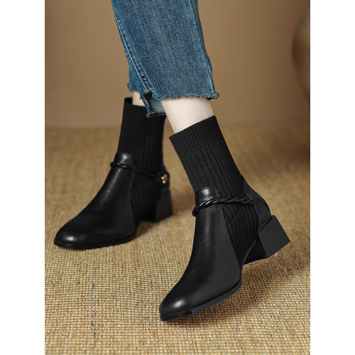 巨好看真皮短靴女秋冬新款中跟針織彈力襪子靴方頭粗跟瘦瘦馬丁靴 巨好看真皮短靴女秋冬新款中跟針織彈力襪子靴方頭粗跟瘦瘦馬丁靴