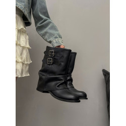 褶皺堆堆褲琯靴女2026年春季新款粗跟黑色短靴配裙子機車馬丁靴子