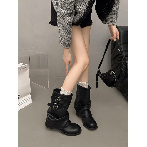 褶皺堆堆褲琯靴女2026年春季新款粗跟黑色短靴配裙子機車馬丁靴子