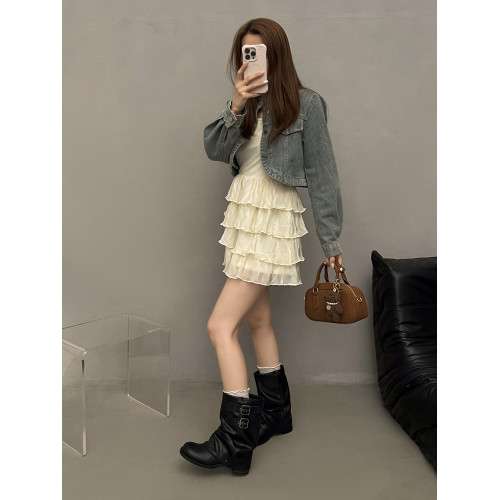 褶皺堆堆褲琯靴女2026年春季新款粗跟黑色短靴配裙子機車馬丁靴子