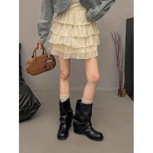 褶皺堆堆褲琯靴女2026年春季新款粗跟黑色短靴配裙子機車馬丁靴子