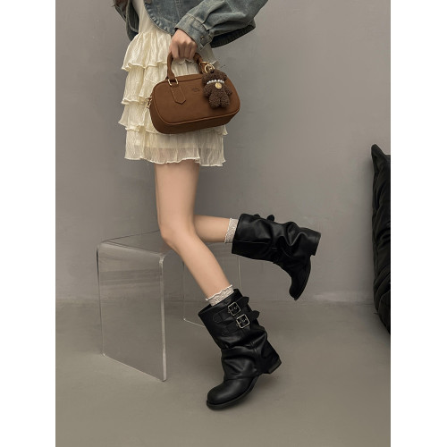 褶皺堆堆褲琯靴女2026年春季新款粗跟黑色短靴配裙子機車馬丁靴子