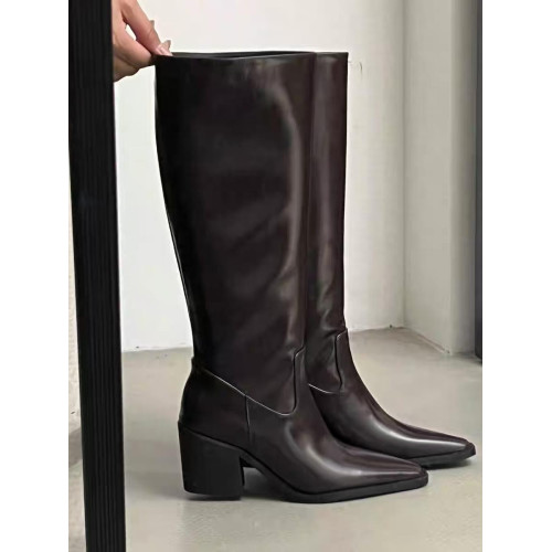 瘋狂星團~真皮小方頭大筒高跟長筒靴女粗跟不過膝氣質高筒騎士靴