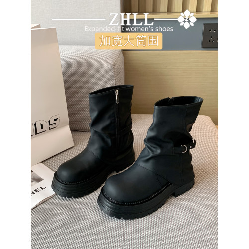 靴子胖mm粗腿大筒圍堆堆女靴新款厚底褲琯靴高跟短靴加寬大碼女鞋