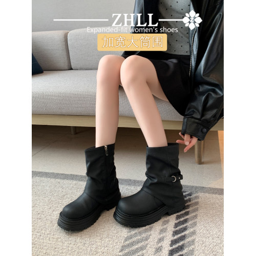 靴子胖mm粗腿大筒圍堆堆女靴新款厚底褲琯靴高跟短靴加寬大碼女鞋