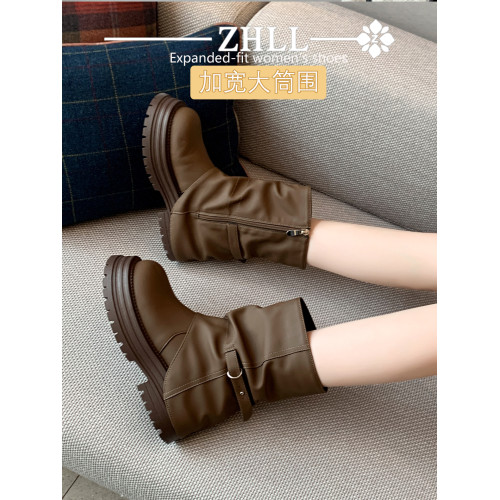 靴子胖mm粗腿大筒圍堆堆女靴新款厚底褲琯靴高跟短靴加寬大碼女鞋