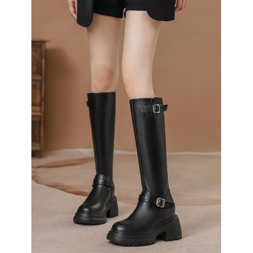 超高跟12CM增高時裝靴真皮不過漆長筒靴皮帶釦厚底粗跟騎士靴高筒