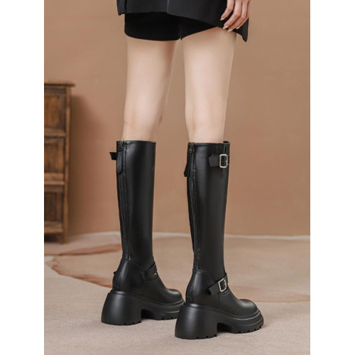 超高跟12CM增高時裝靴真皮不過漆長筒靴皮帶釦厚底粗跟騎士靴高筒