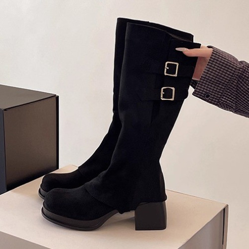 裸色高跟靴子女秋冬季長靴2025新款爆款高筒可拆卸兩穿短靴瘦瘦靴
