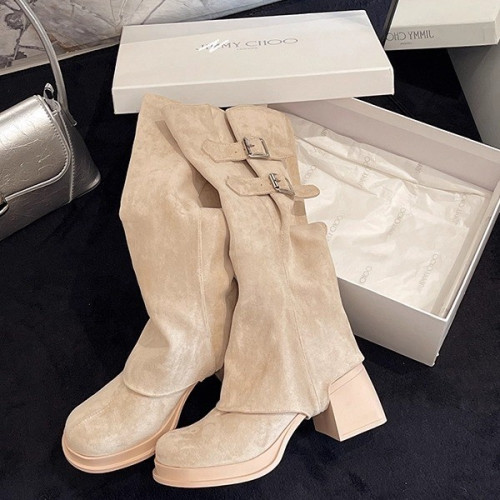 裸色高跟靴子女秋冬季長靴2025新款爆款高筒可拆卸兩穿短靴瘦瘦靴